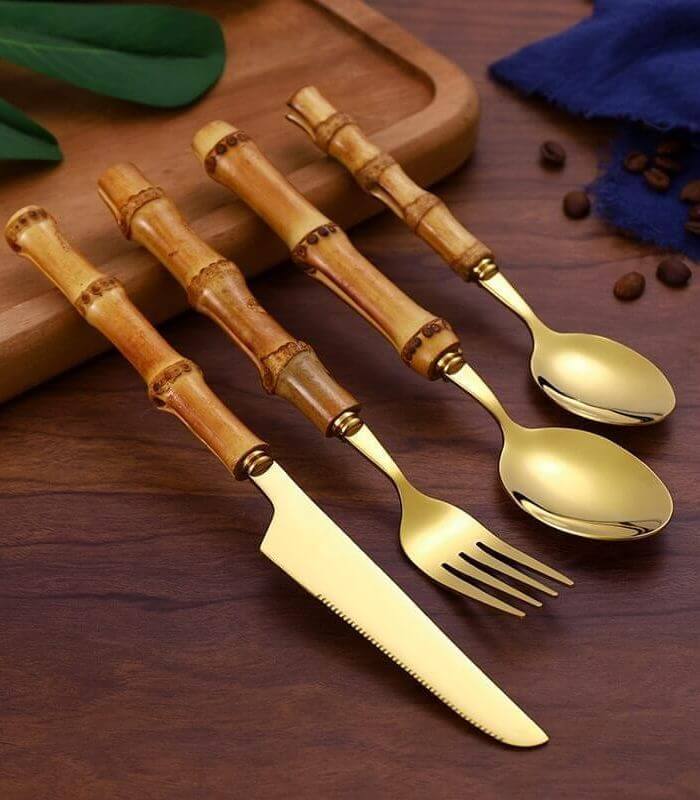 24 Pc Natural Bamboo Handle Cutlery Set Stainless Steel Flatware