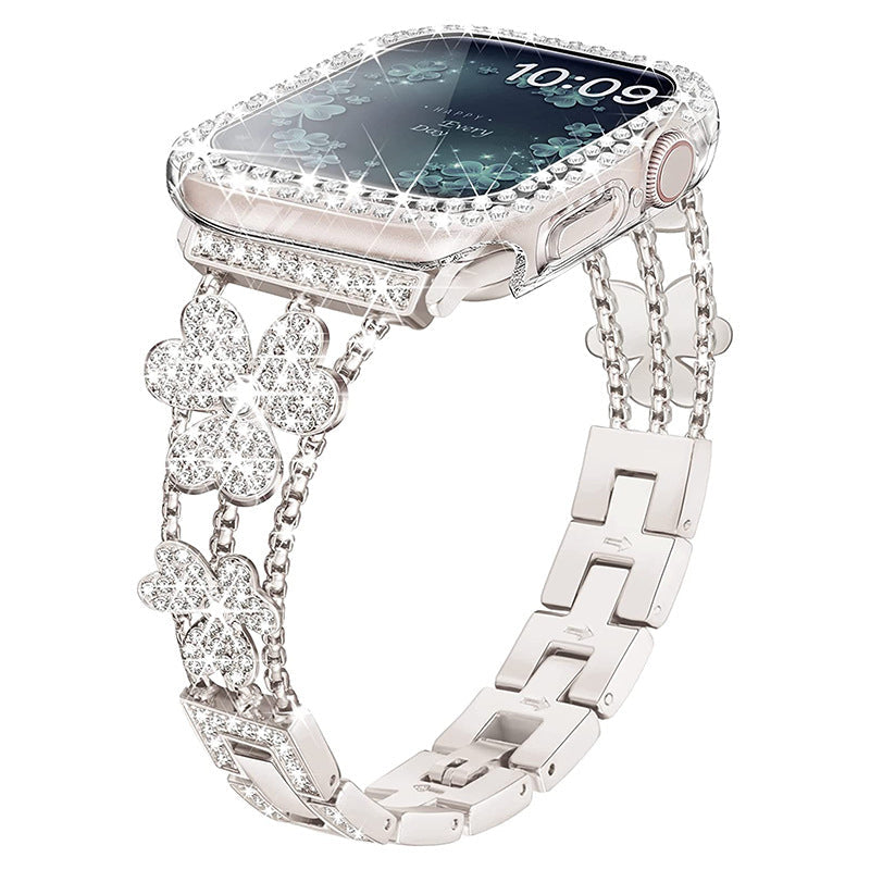 Pulseira de Elos de Diamante Brilhante em Forma de Flor para Apple Watch