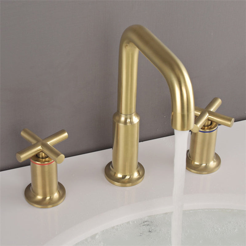 Rubinetto per lavabo diffuso a cascata a tre fori in oro spazzolato