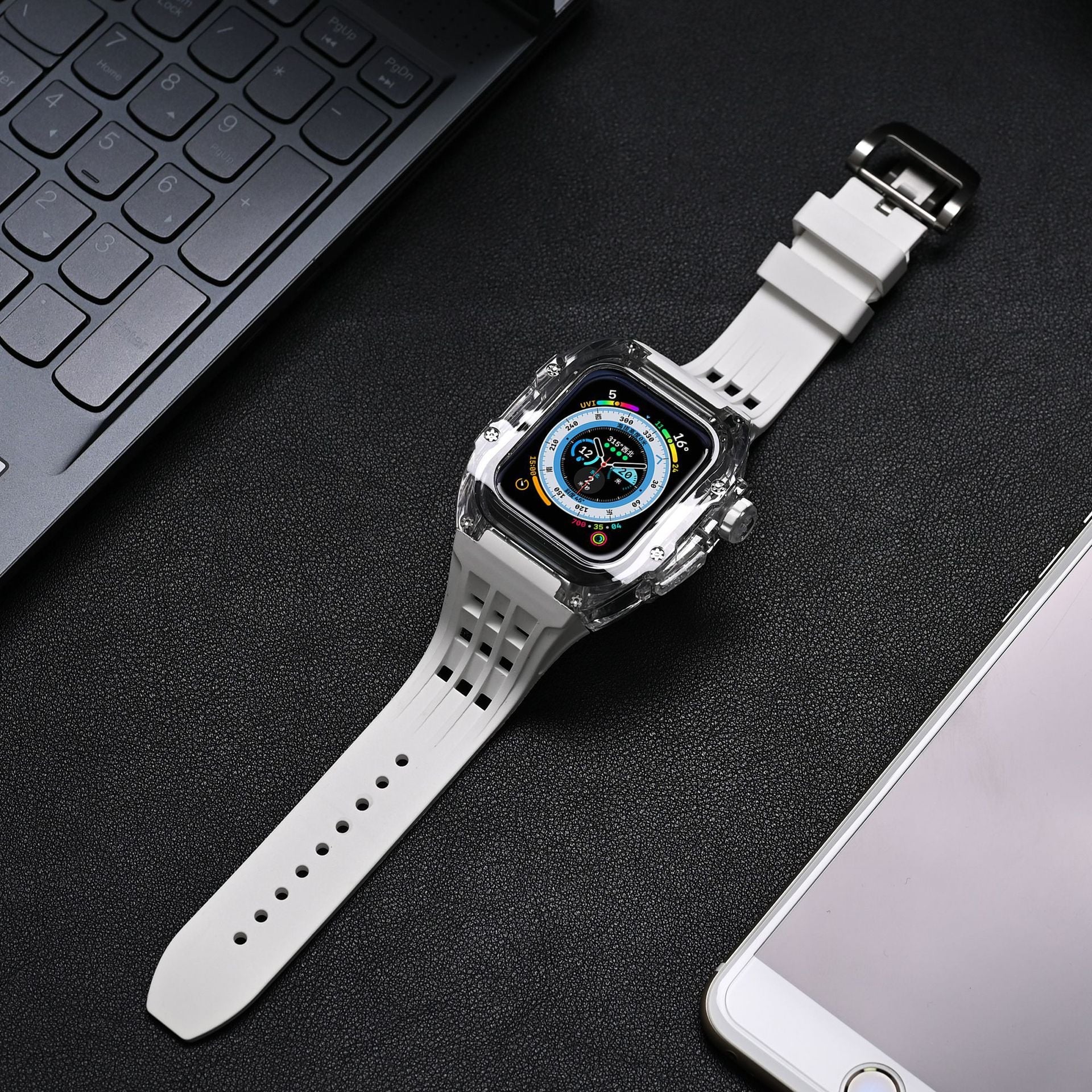 RM V30 Glacier Series Fluororubber Átlátszó Tok Gumi Szalag Mod Készlet Apple Watch-hoz