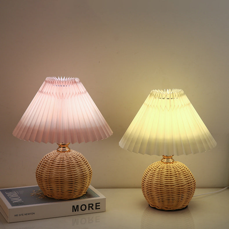 Contemporary Nordic Rattan Weave Table Lamp with Pleated Cone Shade, LED, for Bedroom