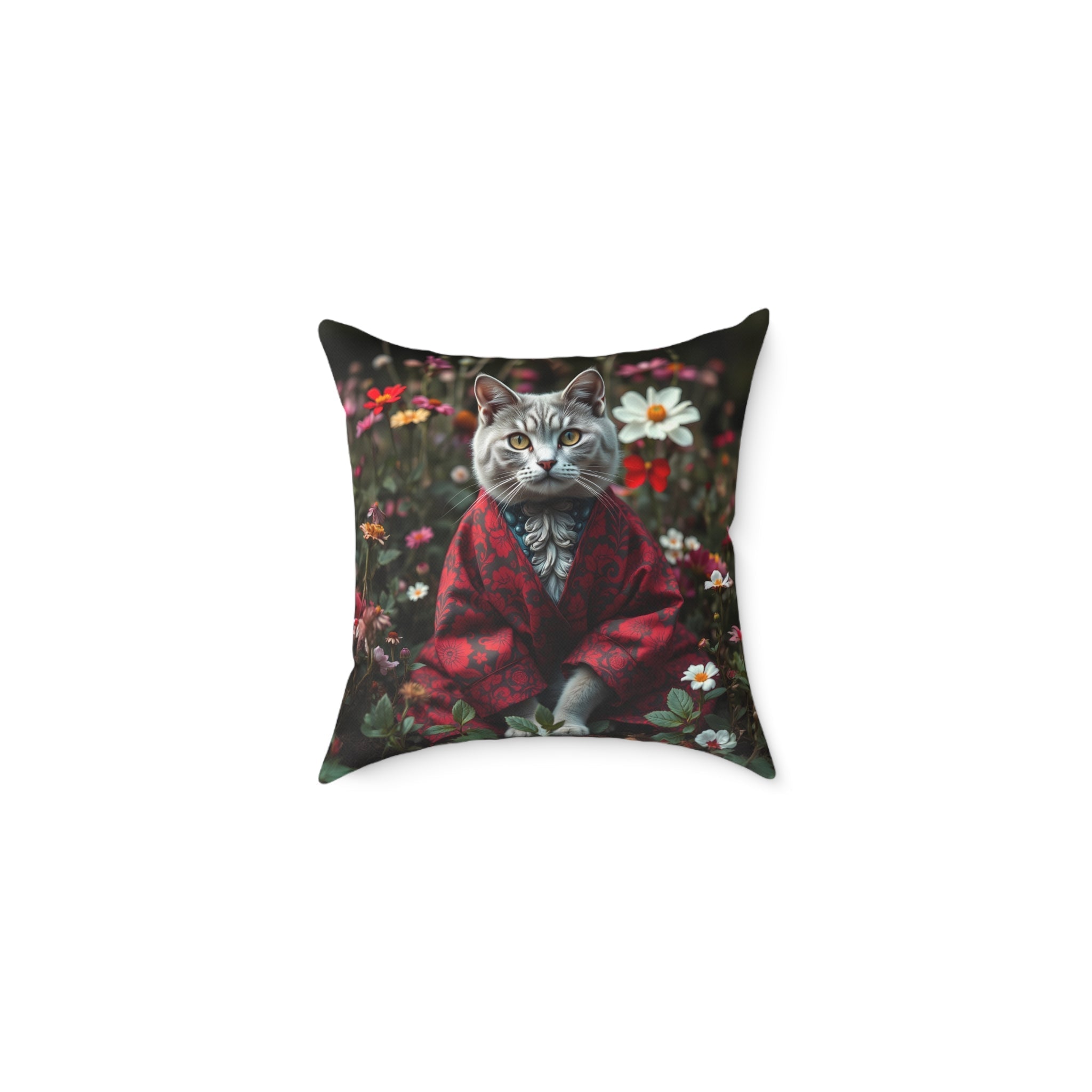 William Morris Style Cat in Kimono and Flowers Square Pillow, Botanicals and Flowers, insert inclus