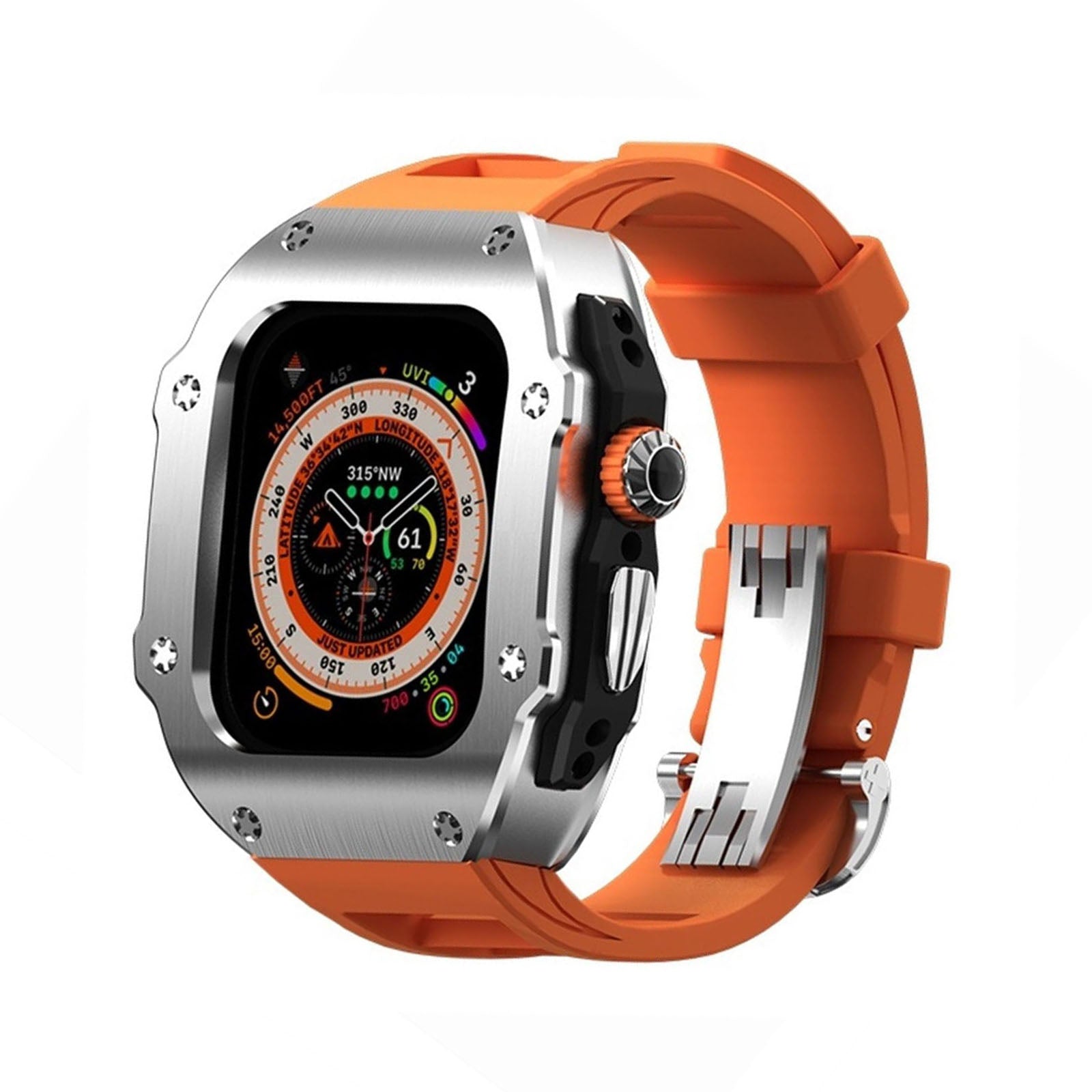 Serie RM Vanguard - Cassa in acciaio inossidabile con cinturino in fluorocaucciù per Apple Watch Ultra