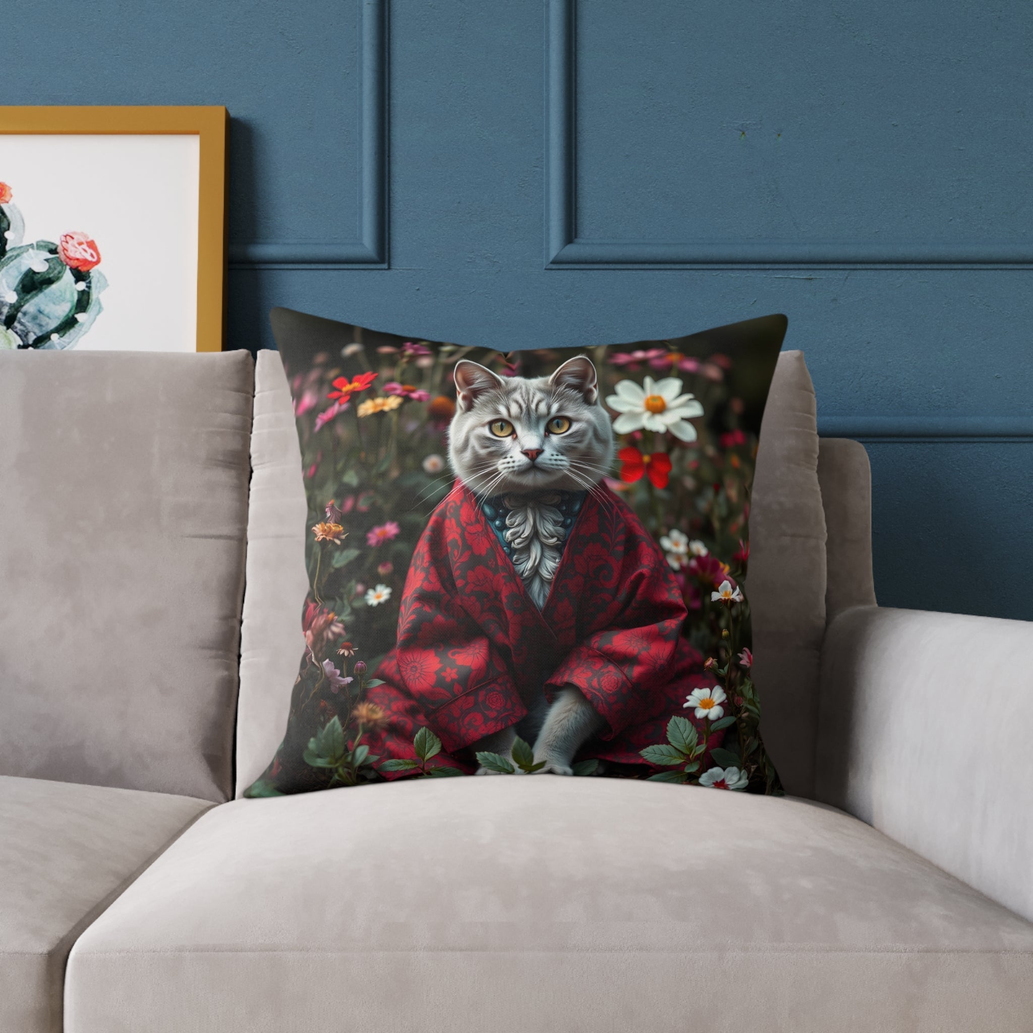 William Morris Style Cat in Kimono and Flowers Square Pillow, Botanicals and Flowers, insert included