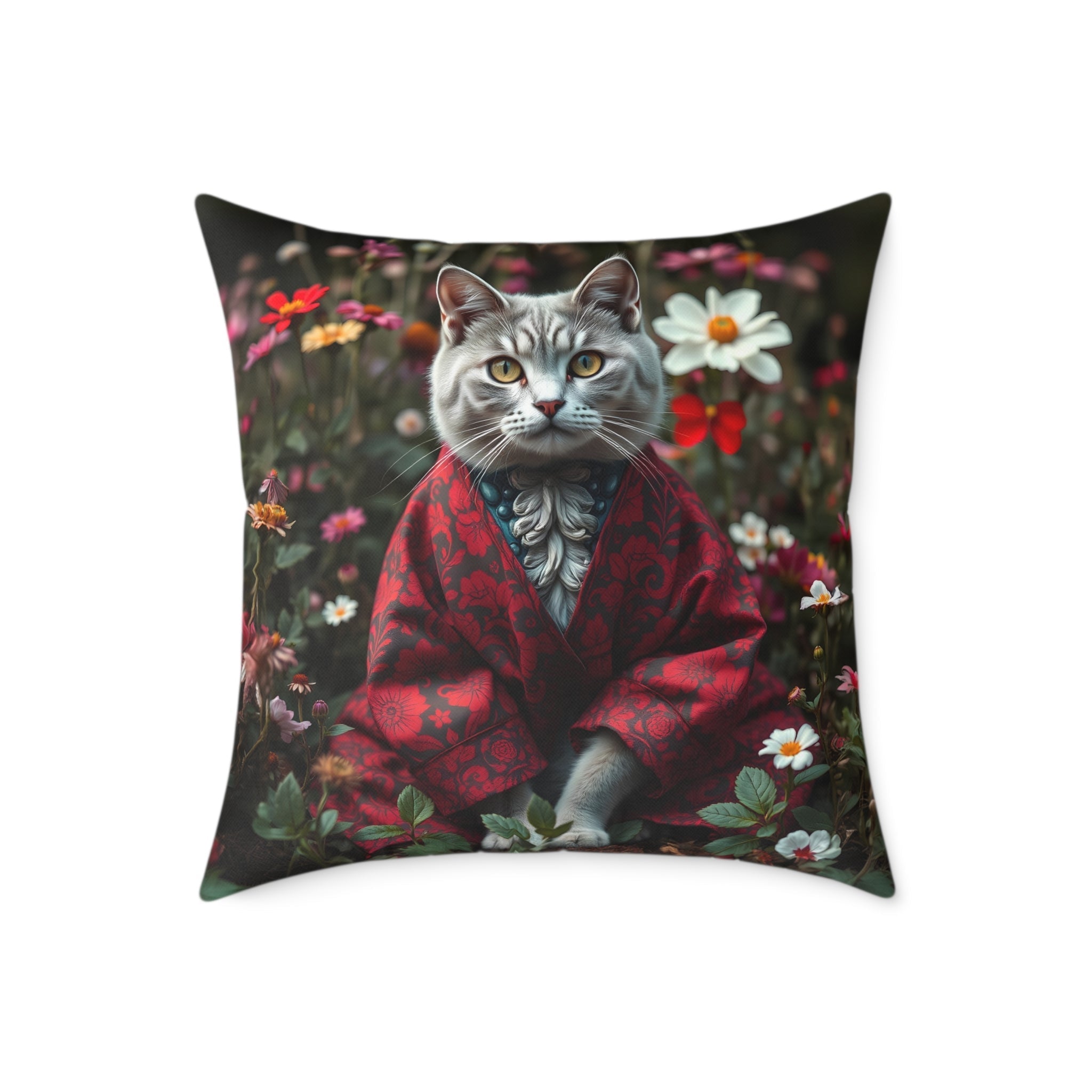 William Morris Style Cat in Kimono and Flowers Square Pillow, Botanicals and Flowers, insert inclus