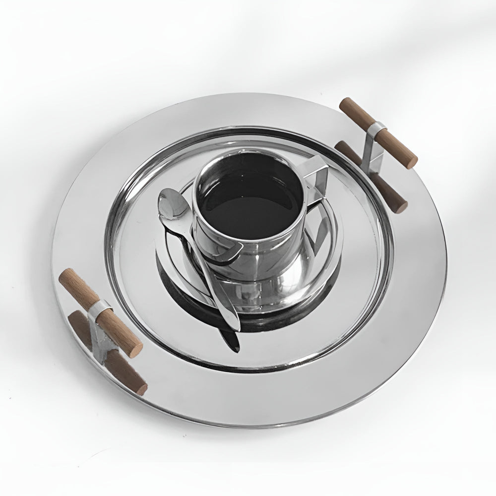 Elegant Stainless Steel Round Tray with Wooden Handles