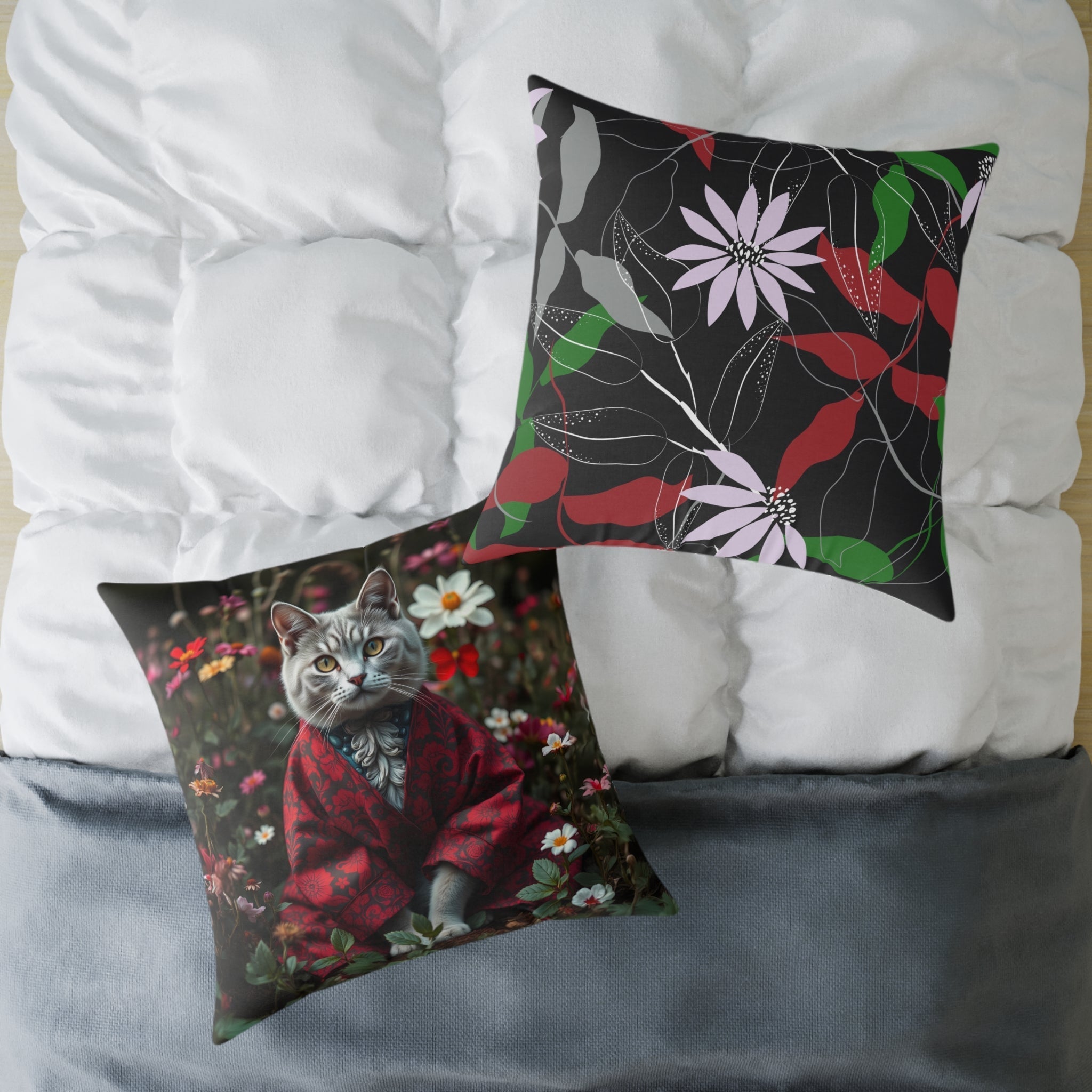 William Morris Style Cat in Kimono and Flowers Square Pillow, Botanicals and Flowers, insert included