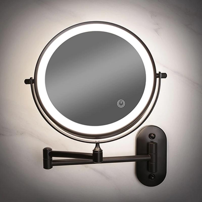 Miroir de maquillage et de salle de bain grossissant à LED rechargeable noir