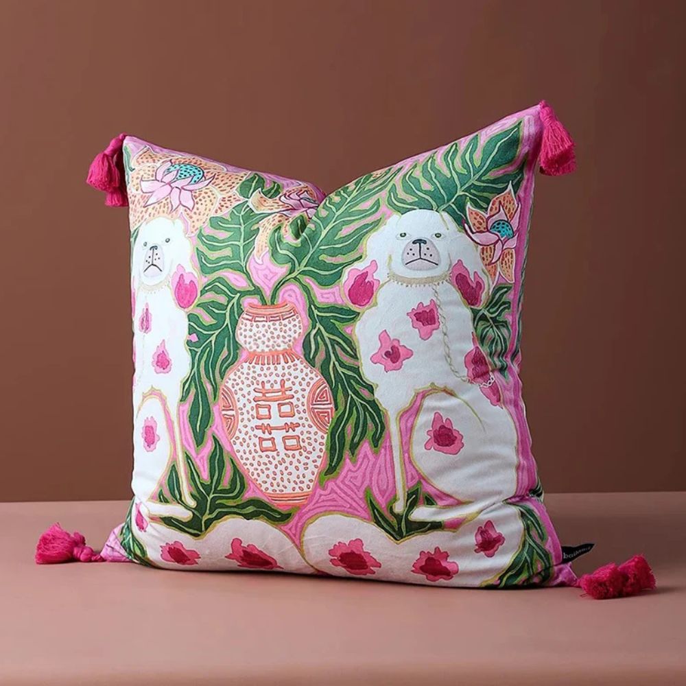 Housse de coussin à franges pour chien rose blush