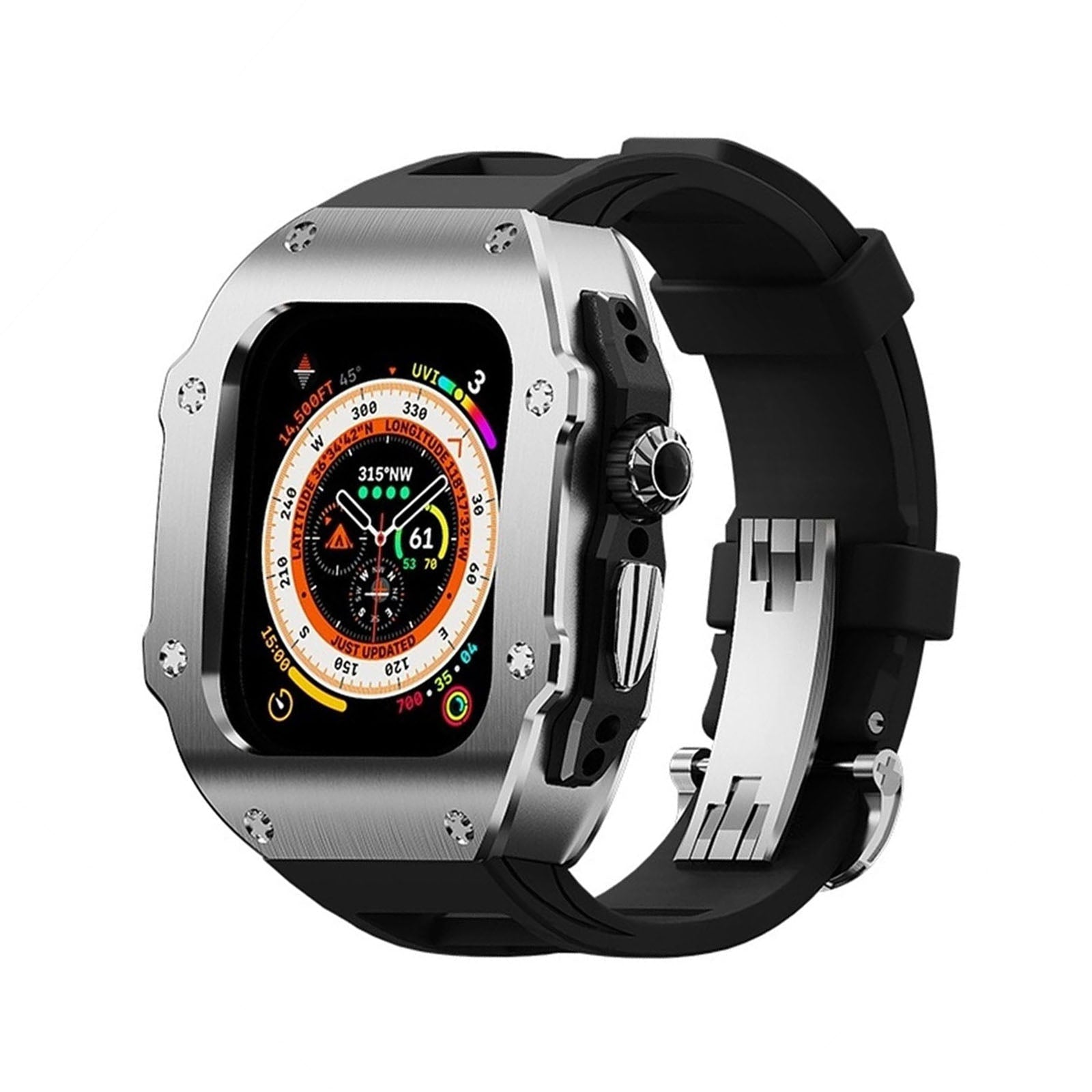 Serie RM Vanguard - Cassa in acciaio inossidabile con cinturino in fluorocaucciù per Apple Watch Ultra