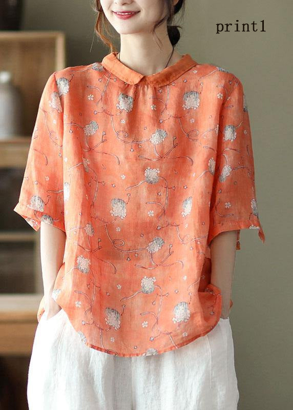 DIY Orange Print Ramie Half Sleeve Shirt Summer