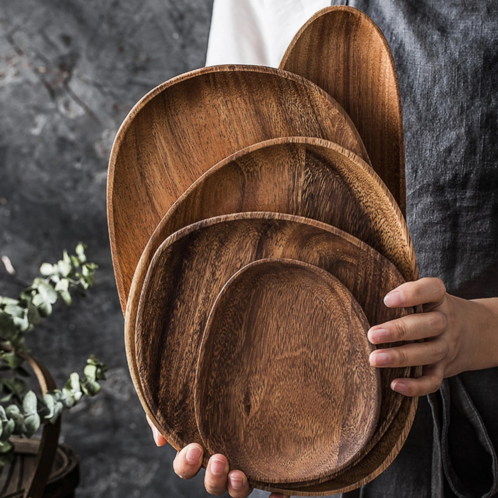 Ensemble de plateaux de service en bois d'acacia en forme ovale