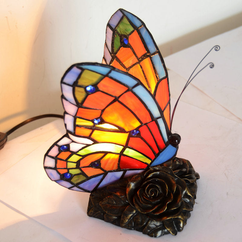 EleganteLicht - Elegante lámpara de mesa con pantalla de mariposa y base de rosa