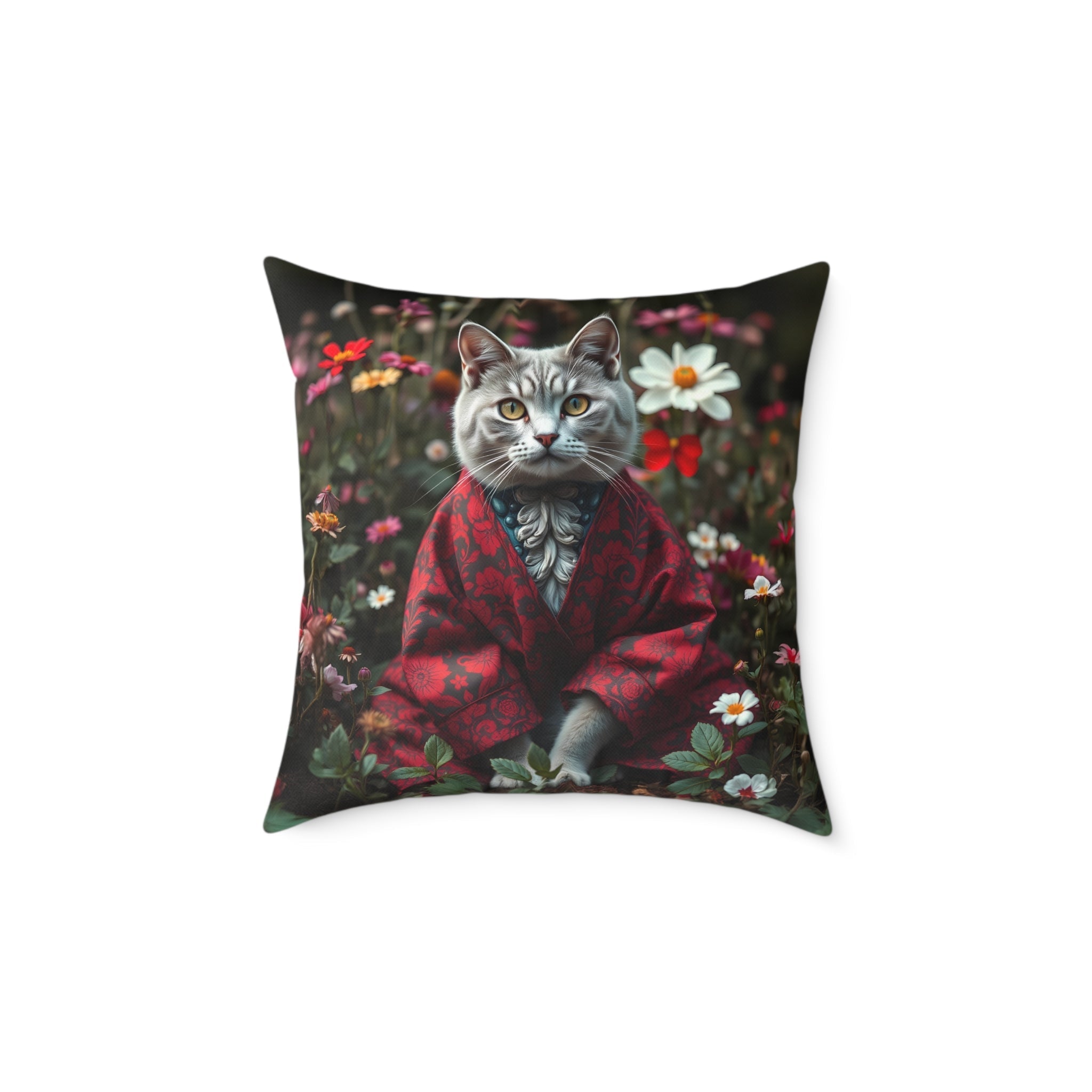 William Morris Style Cat in Kimono and Flowers Square Pillow, Botanicals and Flowers, insert included