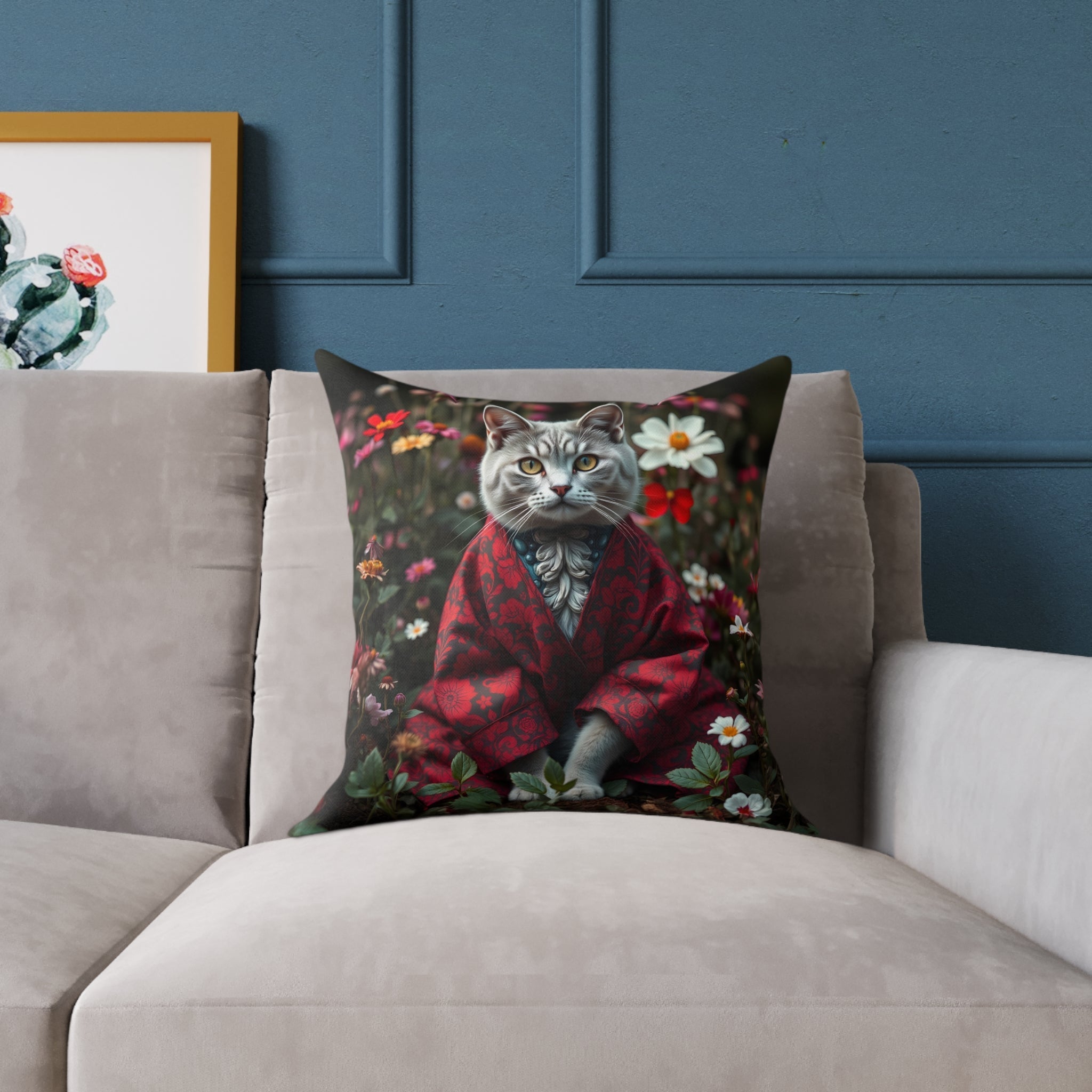 William Morris Style Cat in Kimono and Flowers Square Pillow, Botanicals and Flowers, insert inclus