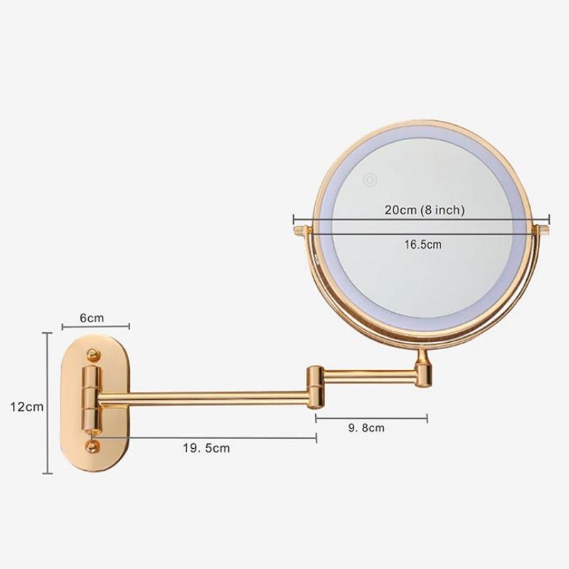 Miroir de maquillage et de salle de bain grossissant à LED rechargeable doré