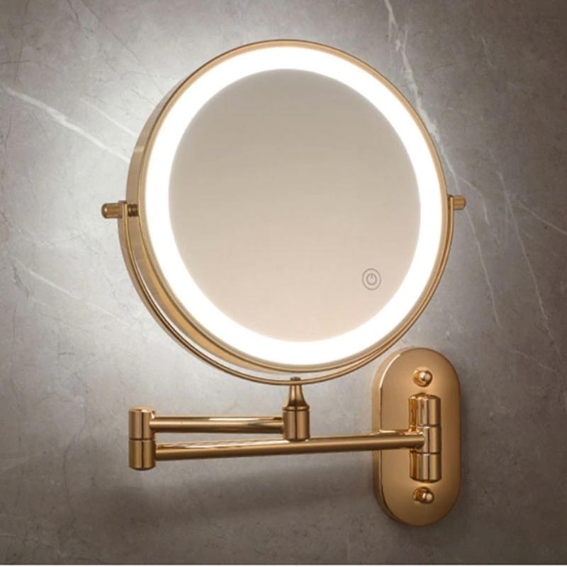 Miroir de maquillage et de salle de bain grossissant à LED rechargeable doré