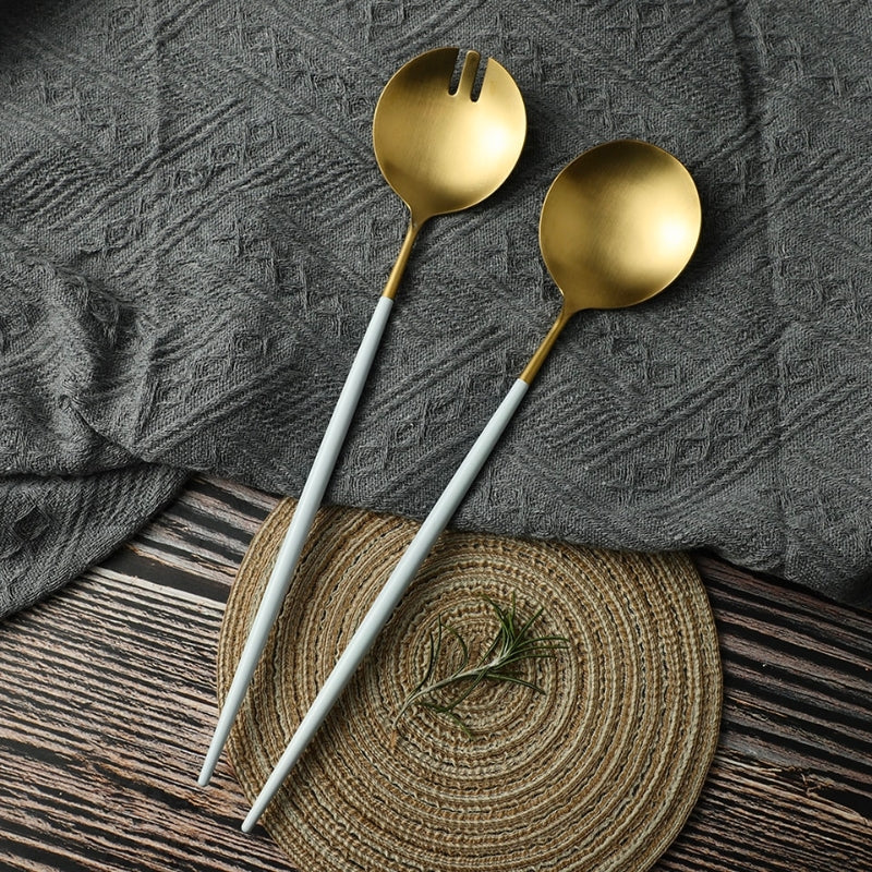 White and Gold Salad Servers and Serving Utensils Set