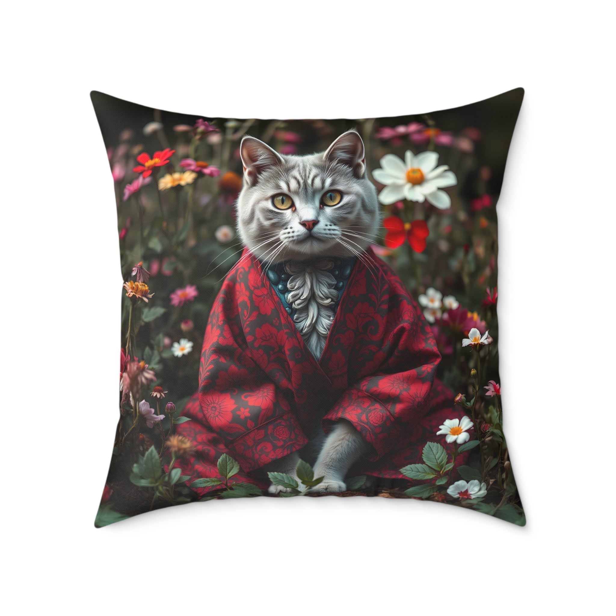 William Morris Style Cat in Kimono and Flowers Square Pillow, Botanicals and Flowers, insert inclus