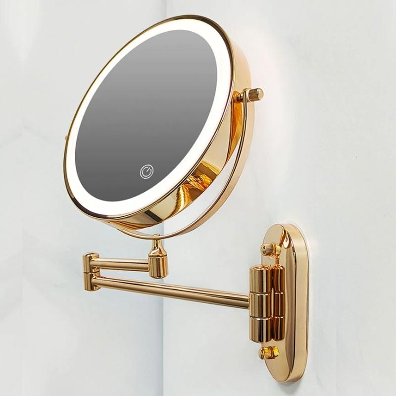 Miroir de maquillage et de salle de bain grossissant à LED rechargeable doré