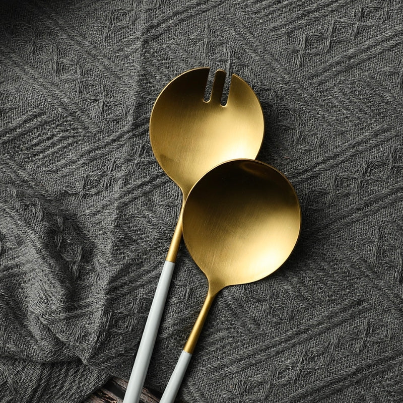 White and Gold Salad Servers and Serving Utensils Set