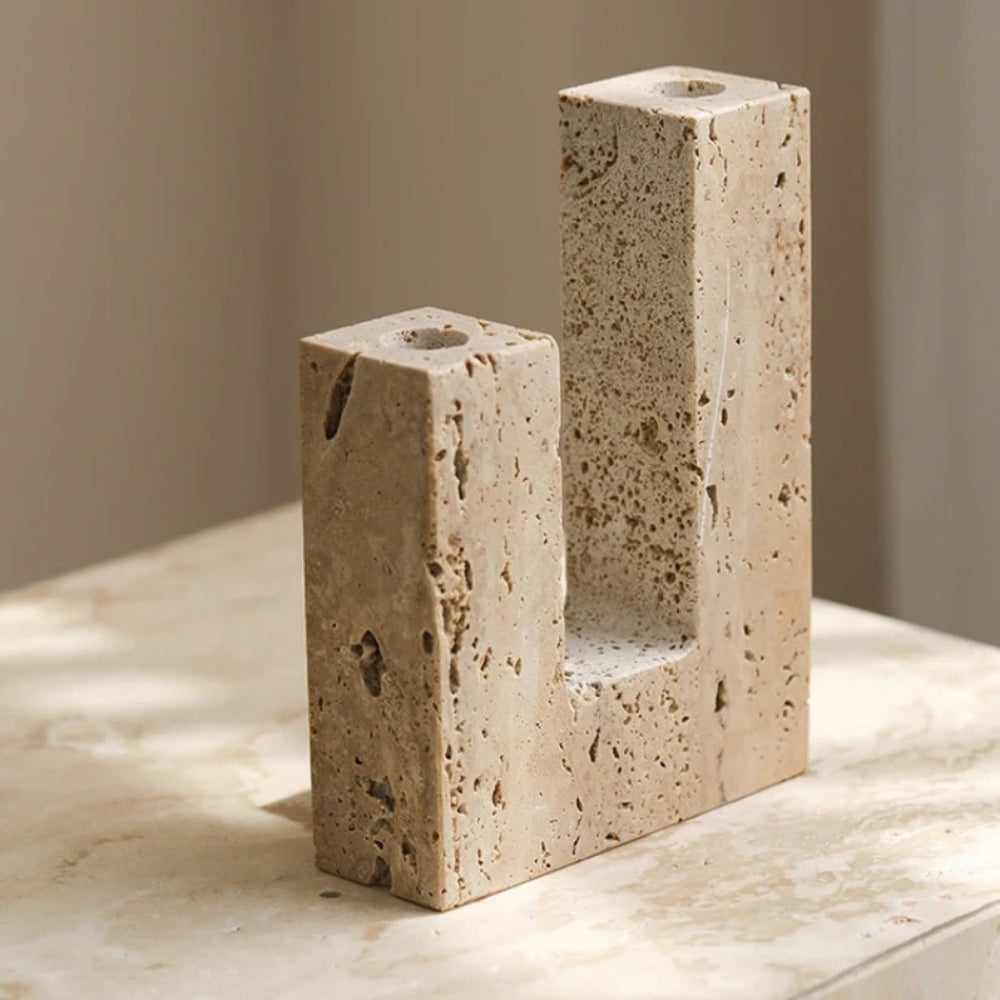 Dual Travertine Sculpted Candle Holder