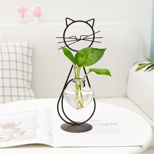 Iron Kitty Cat with Glass Heart Vase Propagation Station Planters