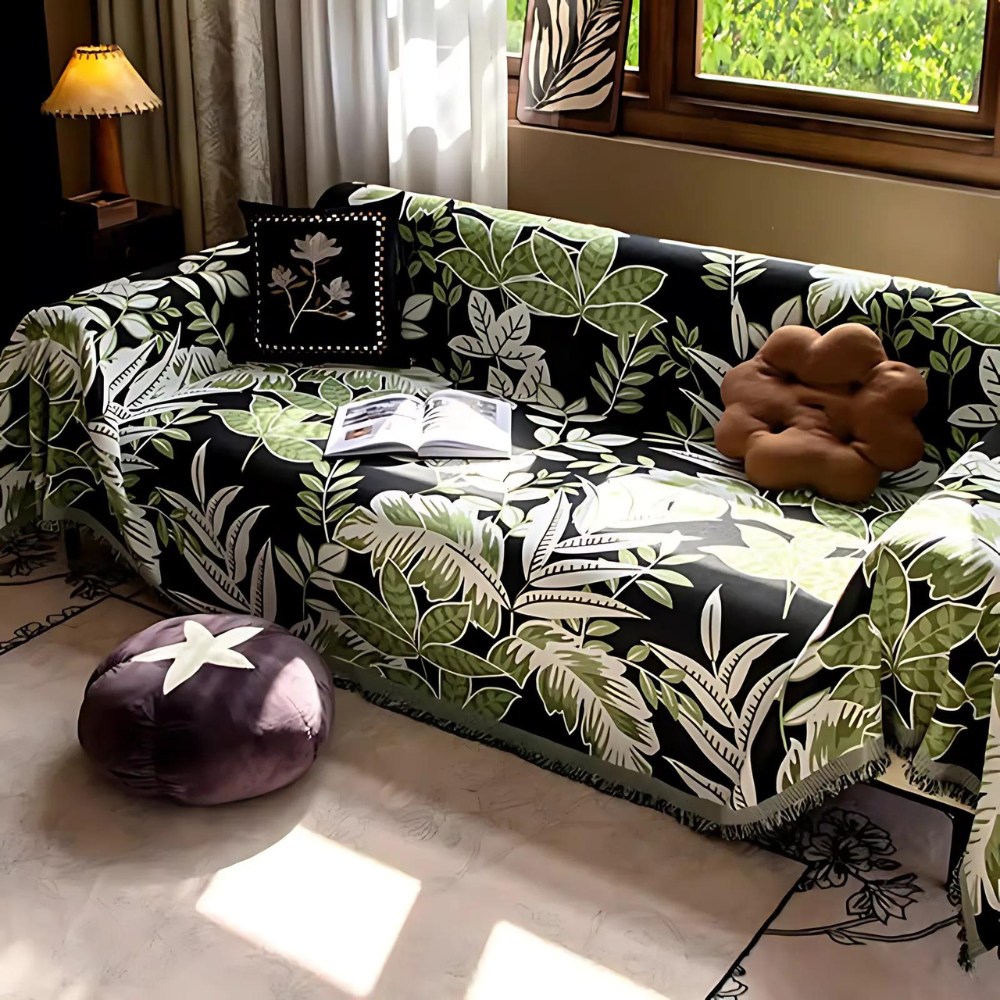 Housse de canapé en chenille vintage avec franges de forêt tropicale