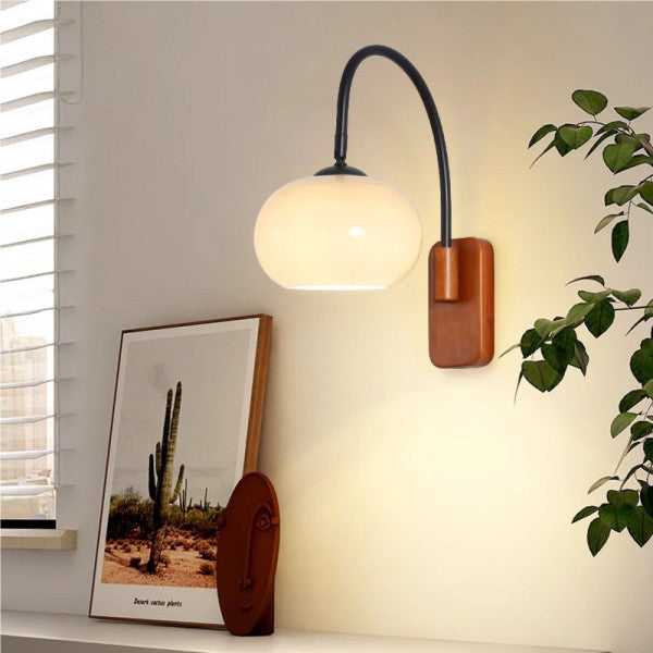 Orbite - Wall Lamp in Khaki Glass with Wooden Accent