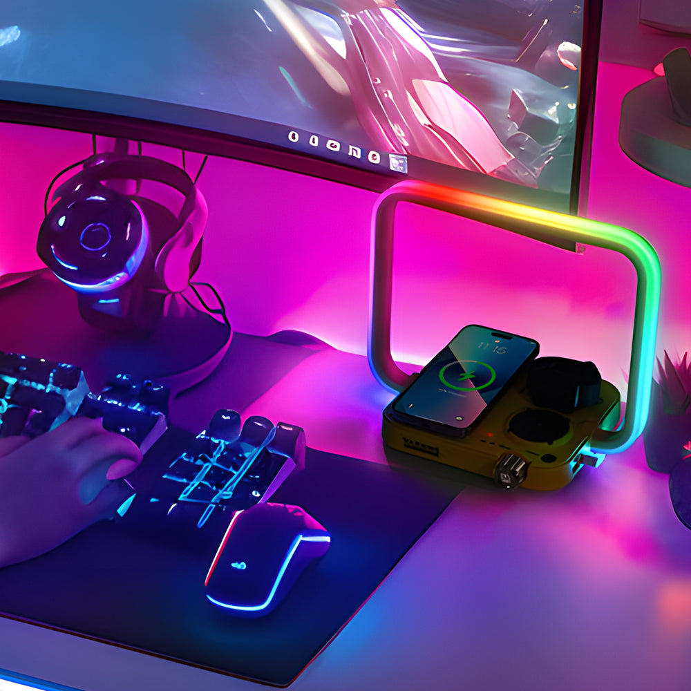 TechGlow - 3 az 1-ben Asztali Lámpa Vezeték Nélküli Töltővel, RGB Világítással és Időzítővel