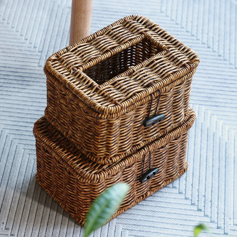 Caja de pañuelos de ratán tejida a mano