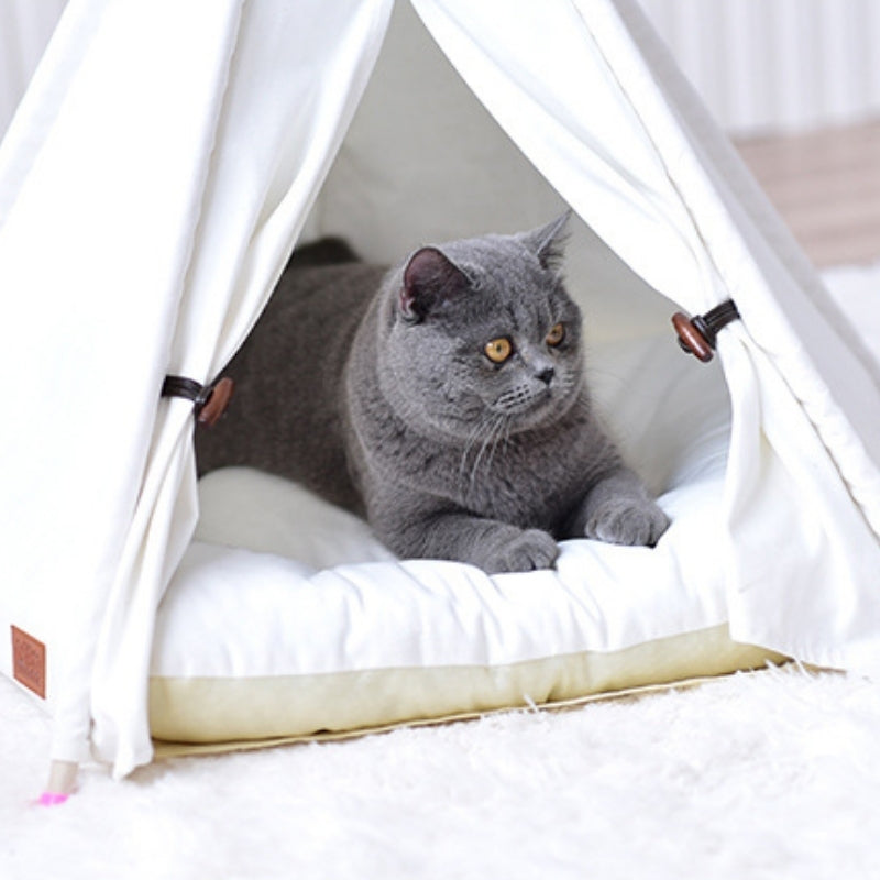 Valkoinen Canvas Cat Teepee pehmeällä kissanpetityynyllä