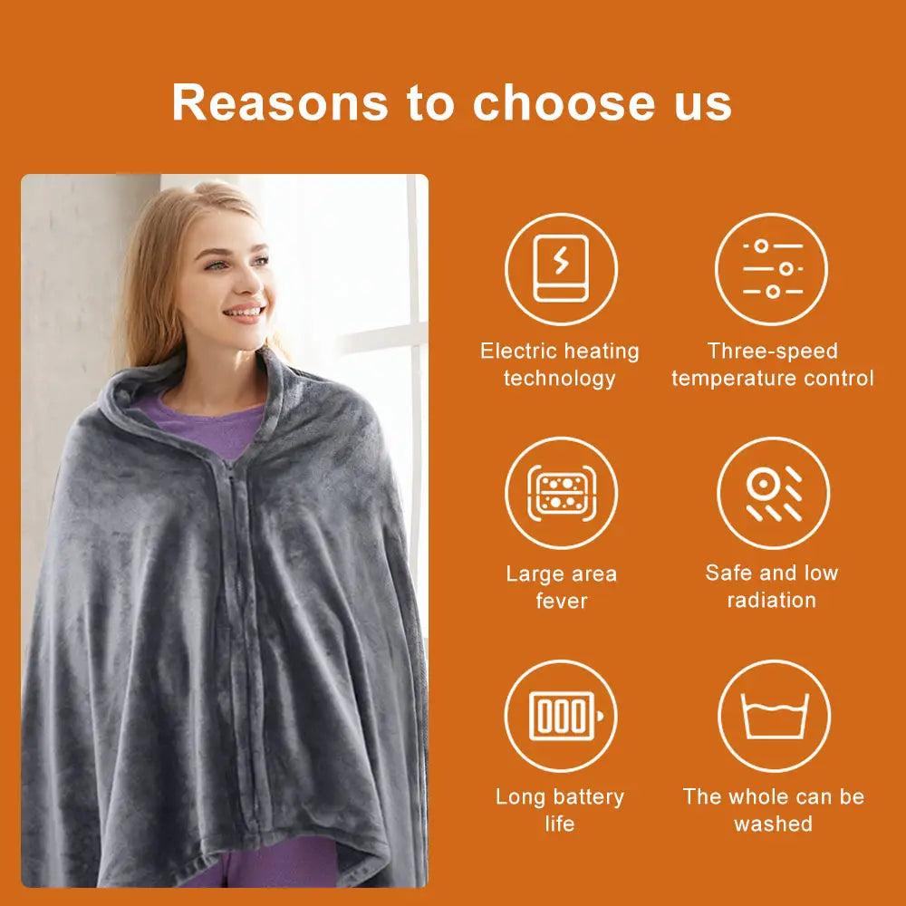 Portable heated shawl with battery for instant comfort