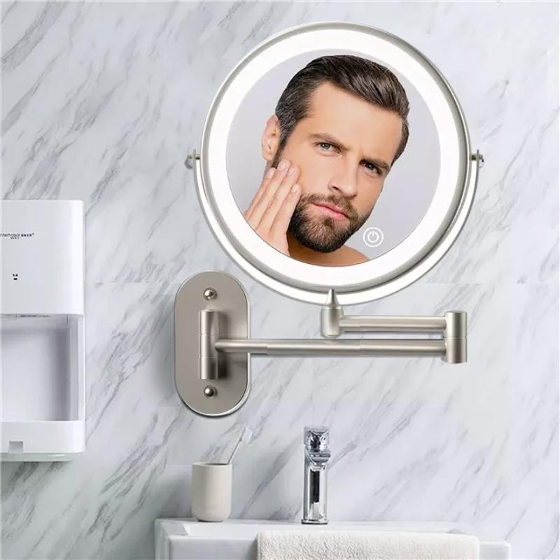 Miroir de maquillage et de salle de bain grossissant à LED rechargeable, argent mat