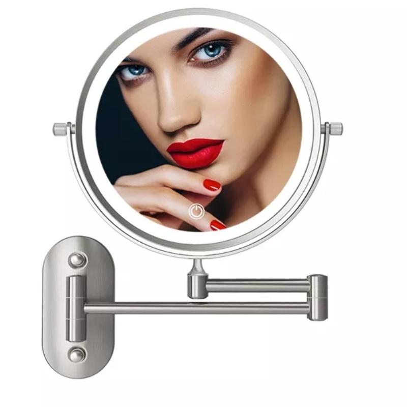 Miroir de maquillage et de salle de bain grossissant à LED rechargeable, argent mat