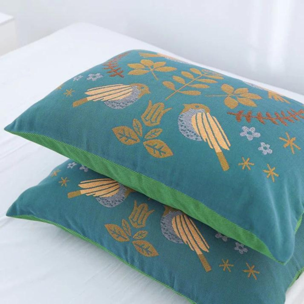 Housses de coussin en coton gaze à fleurs bohèmes et oiseaux (2 pièces)