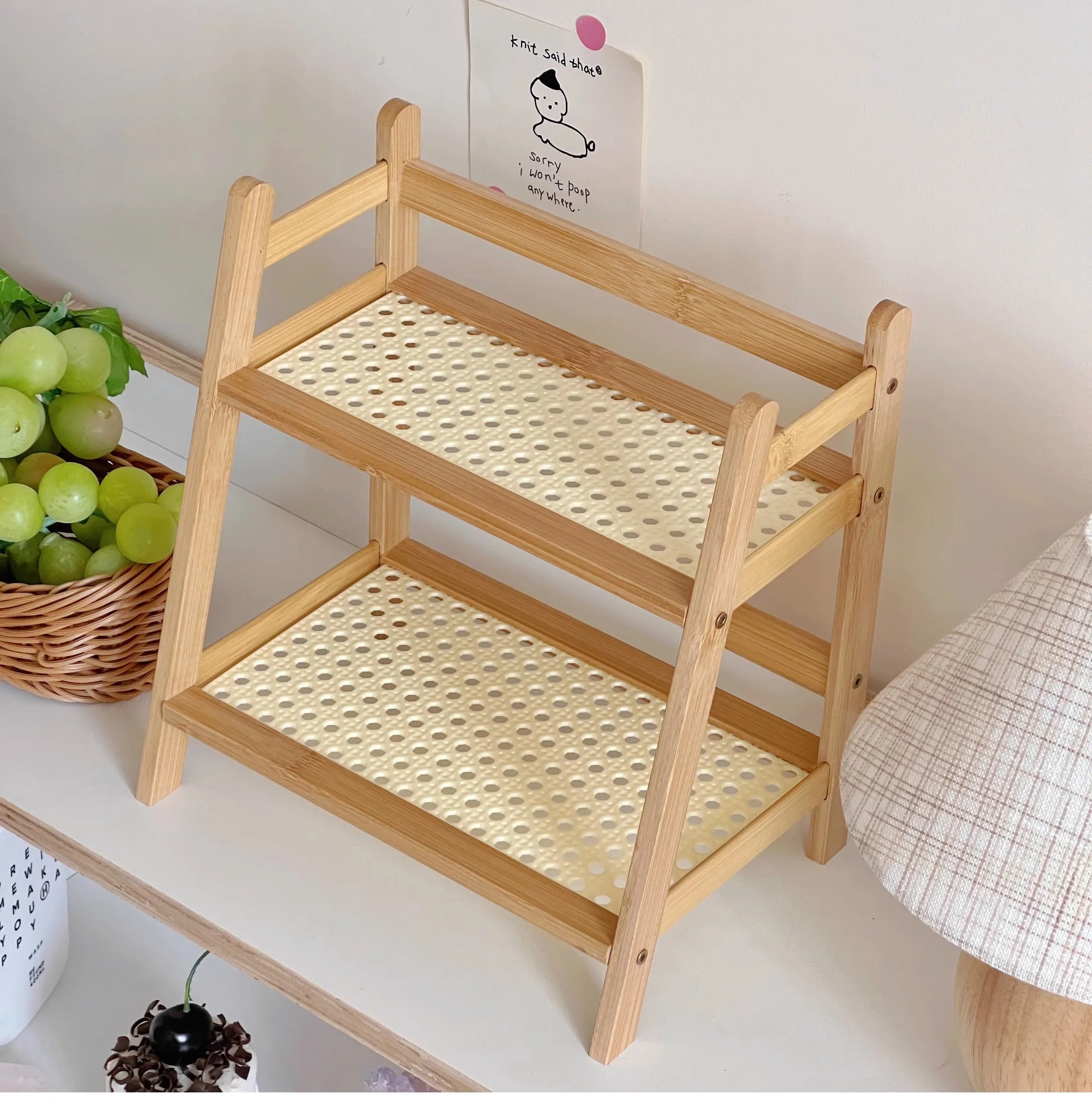 Natural Wooden Rattan Shelf Organizer