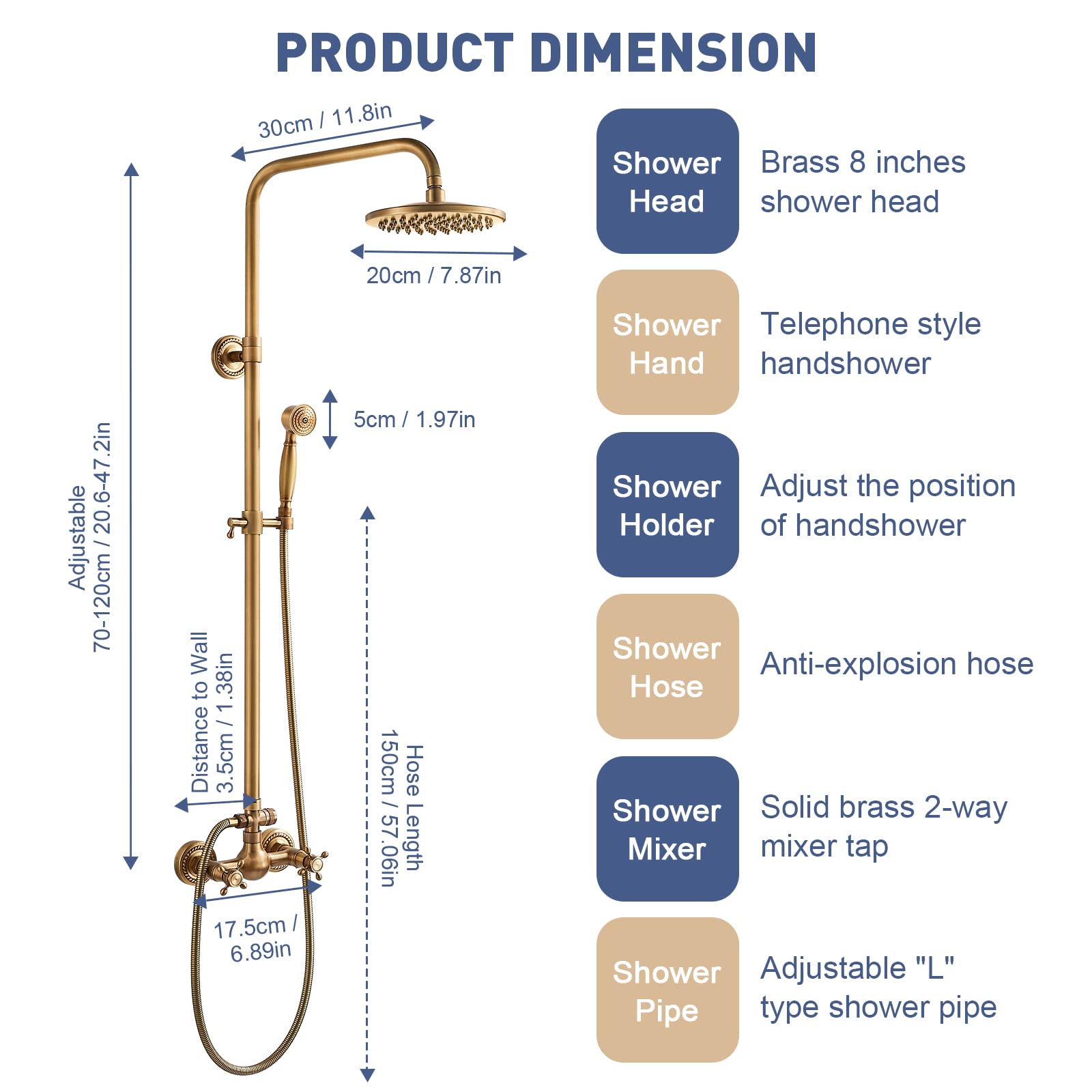 Antique Bronze Adjustable Wall Mounted Brass Shower Kit