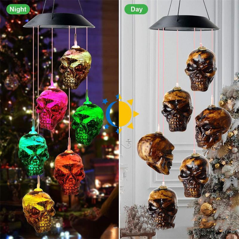 Campanas de viento de calavera para Halloween, luz LED alimentada por energía Solar para decoración de jardín, campanas de viento elegantes para exteriores, decoración, adornos de jardín