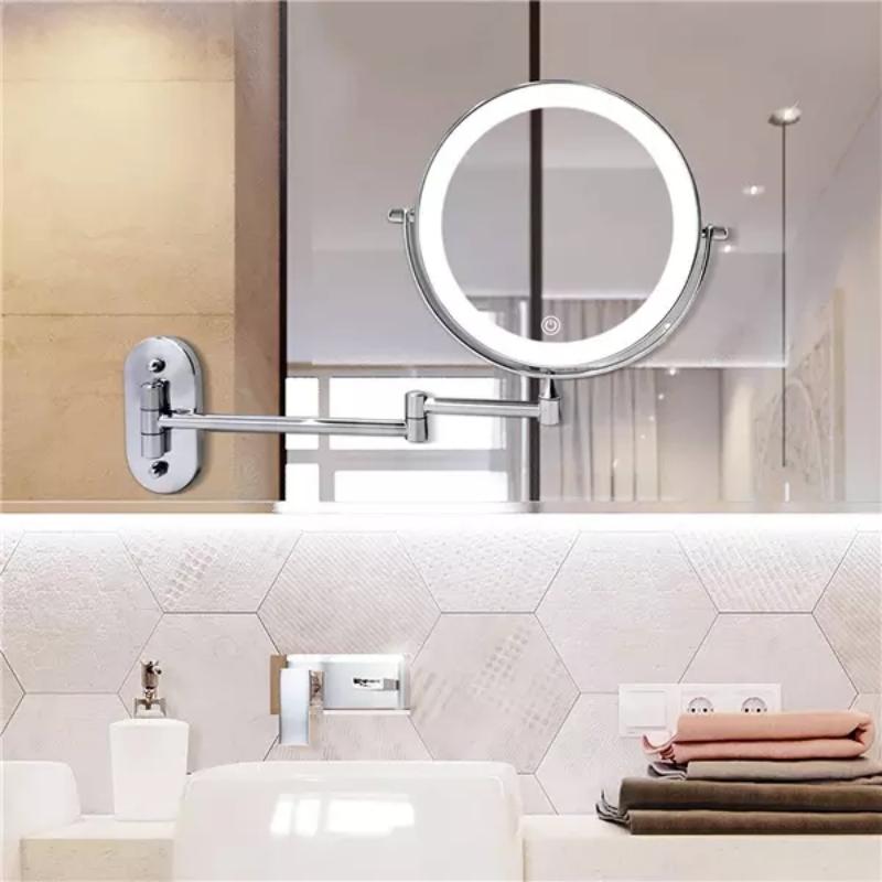 Miroir grossissant LED rechargeable argent chromé pour maquillage et salle de bain