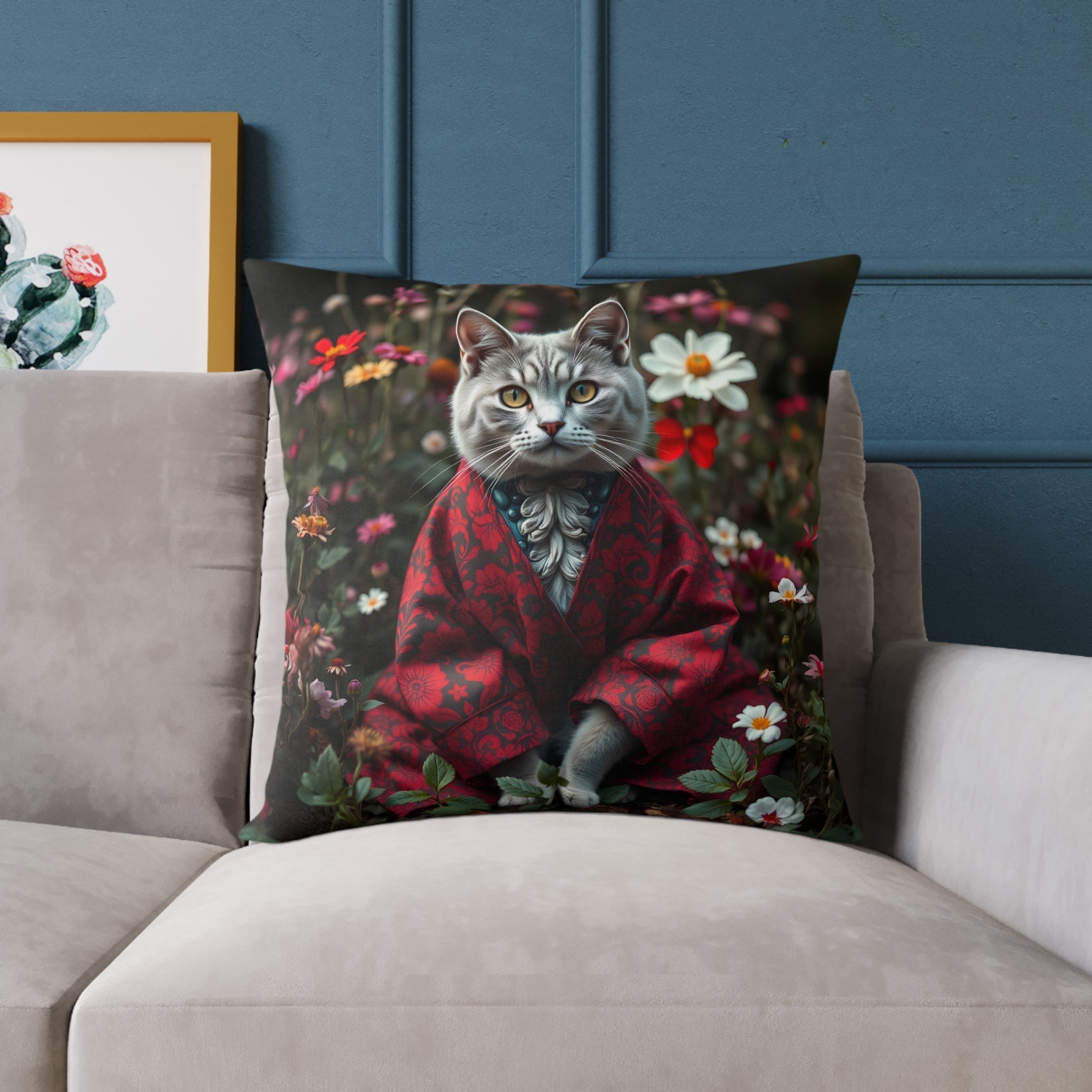 William Morris Style Cat in Kimono and Flowers Square Pillow, Botanicals and Flowers, insert included