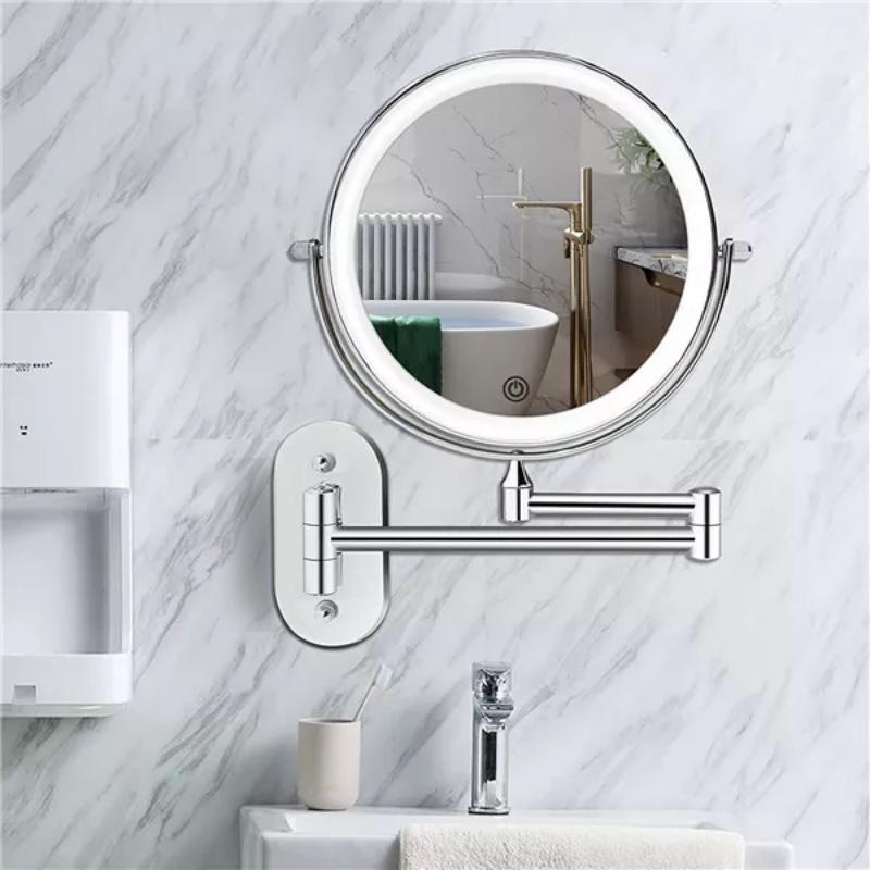 Espejo de tocador de baño y maquillaje con aumento LED recargable plateado cromado