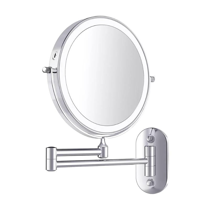 Miroir de maquillage et de salle de bain grossissant à LED rechargeable, argent chromé