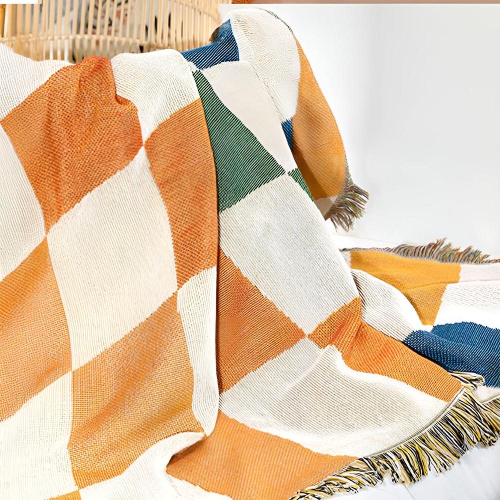 Colourful Checkerboard Tassel Blanket