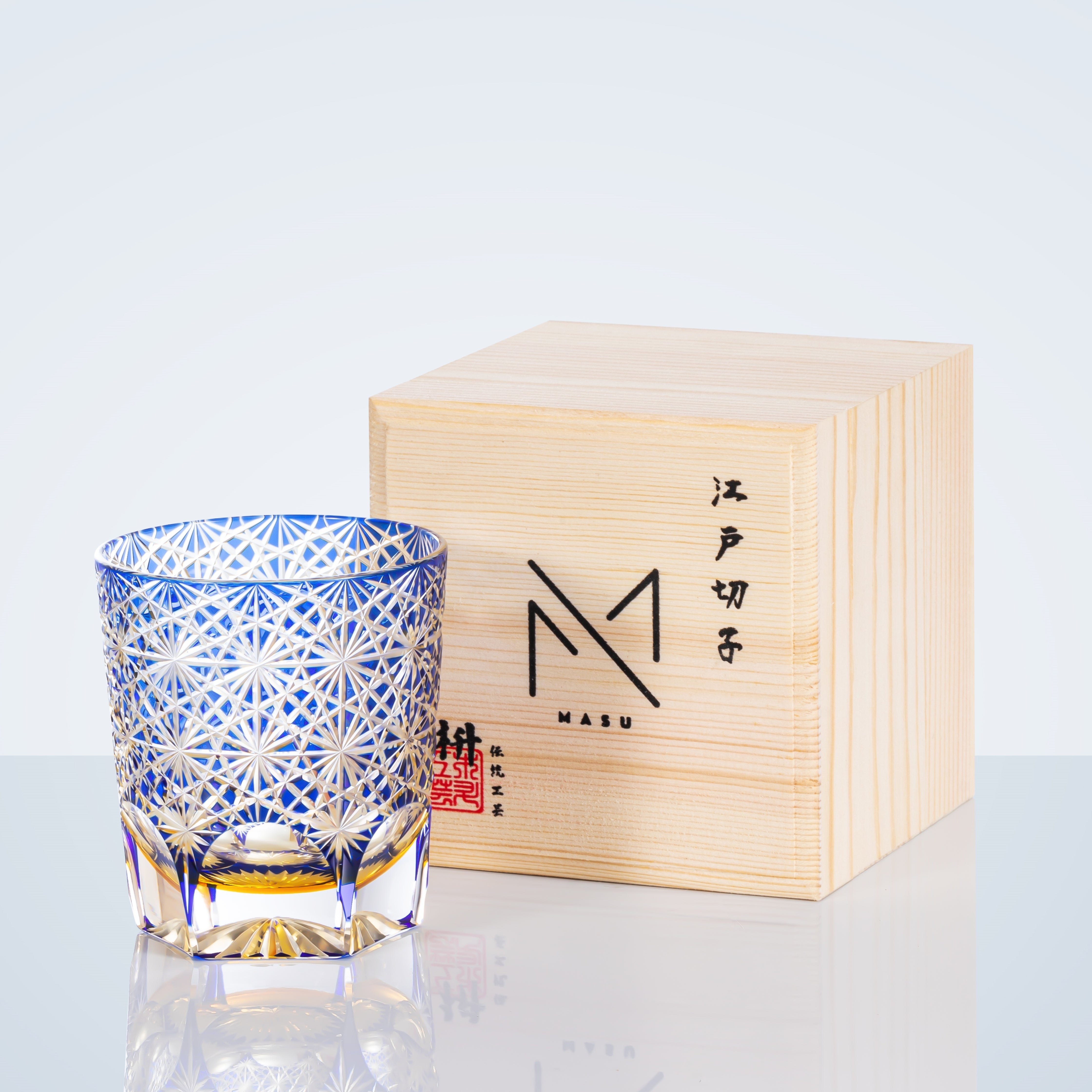 Verre à whisky ambré bleu fabriqué à la main Edo Kiriko avec boîte en bois