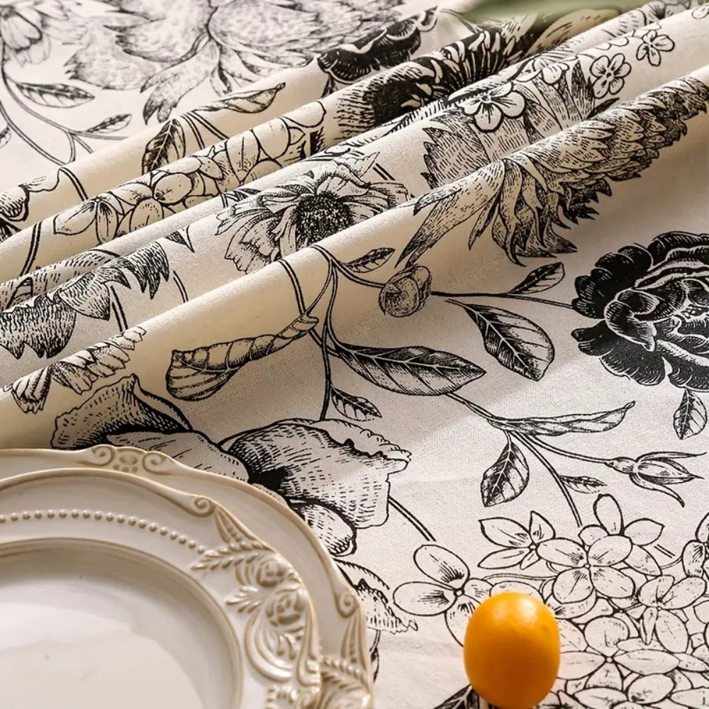 Black Floral Tasseled Farmhouse Tablecloth