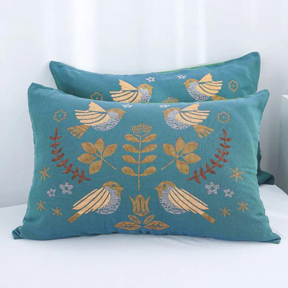 Housses de coussin en coton gaze à fleurs bohèmes et oiseaux (2 pièces)