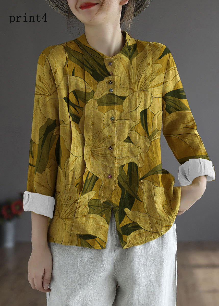 Women Yellow Elegant Button Fall Top Long Sleeve Linen