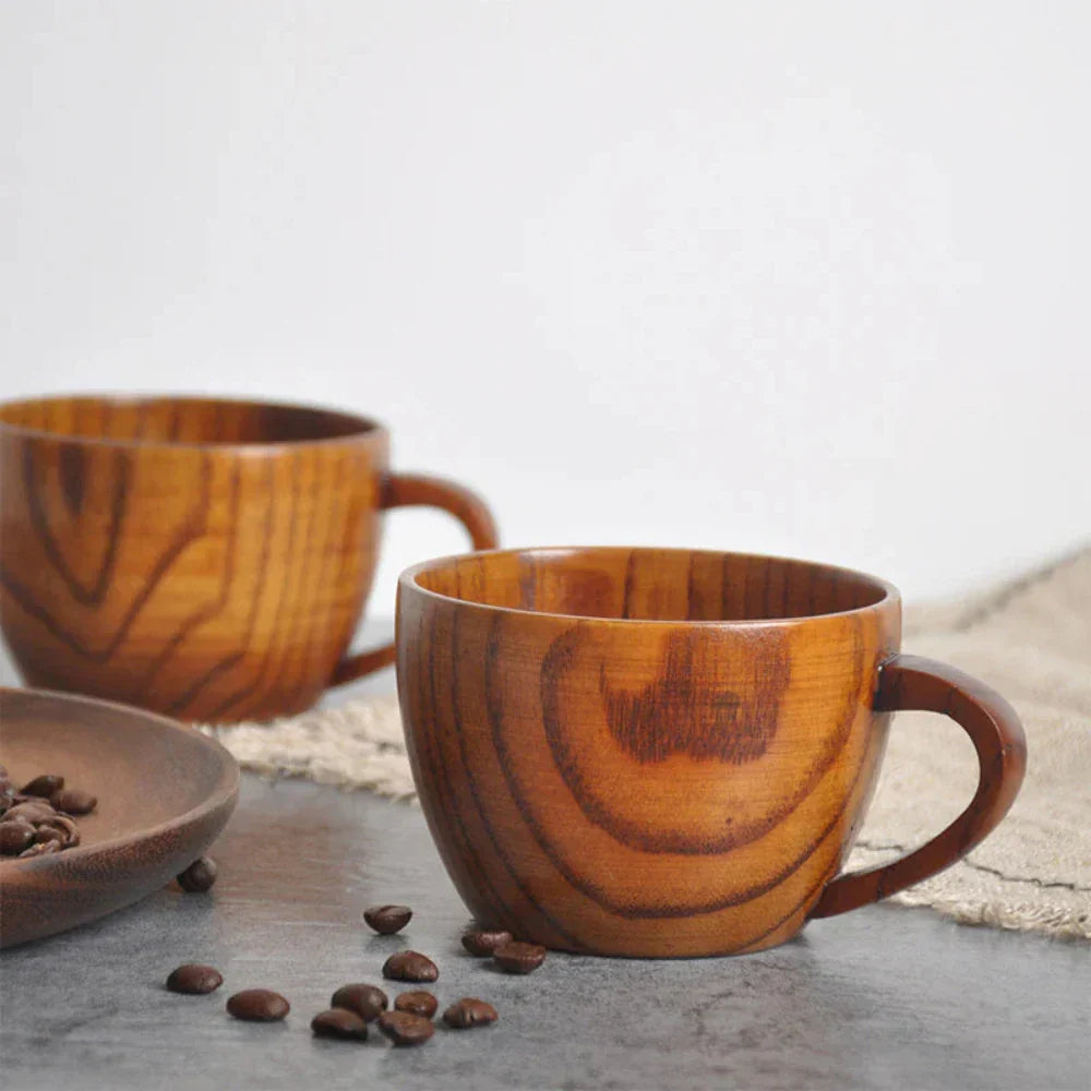 Tazas de Té de Madera Natural Rústica con Asa (2PCS)