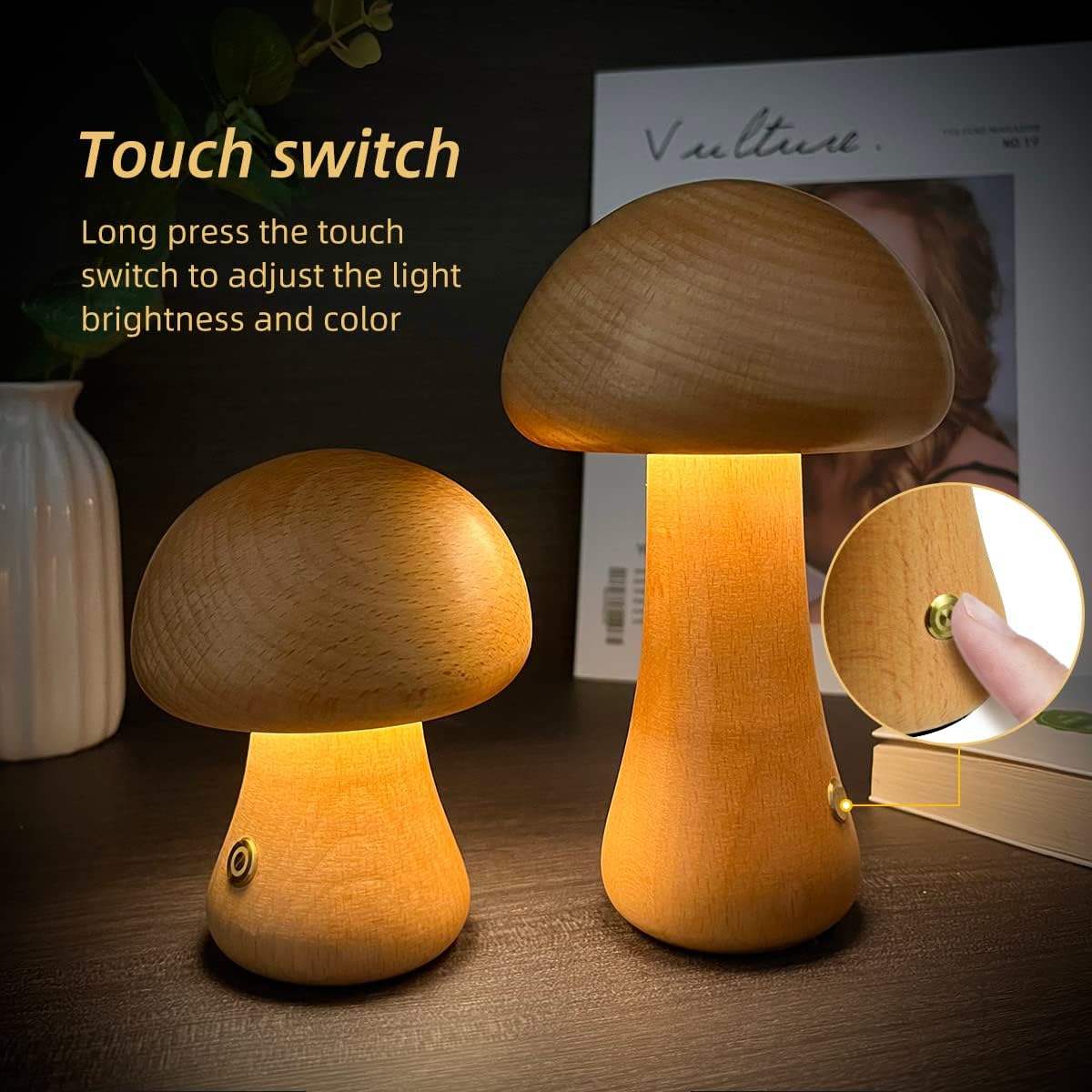 LUMONIGHT | Wooden Mushroom LED Night Light with Touch Switch | Atmospheric Lighting | Child Friendly Lamp